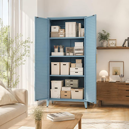 61" Tall Metal Pantry Cabinet with Lock and 3 Adjustable Shelves,Freestanding Heavy Duty steel Storage Locker,Blue Metal Cabinets for Kitchen,Living Room,Laundry,Garage,61" H X 27.6" W X 13.8" D