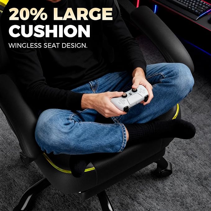 GTPLAYER Big and Tall Gaming Chair for Adults, Ergonomic Office Chair with Footrest, Heavy Duty 350 lbs Capacity, High Back, Premium Leather & Iridescent Trim, ACE-Armor, Yellow (Iridescent)
