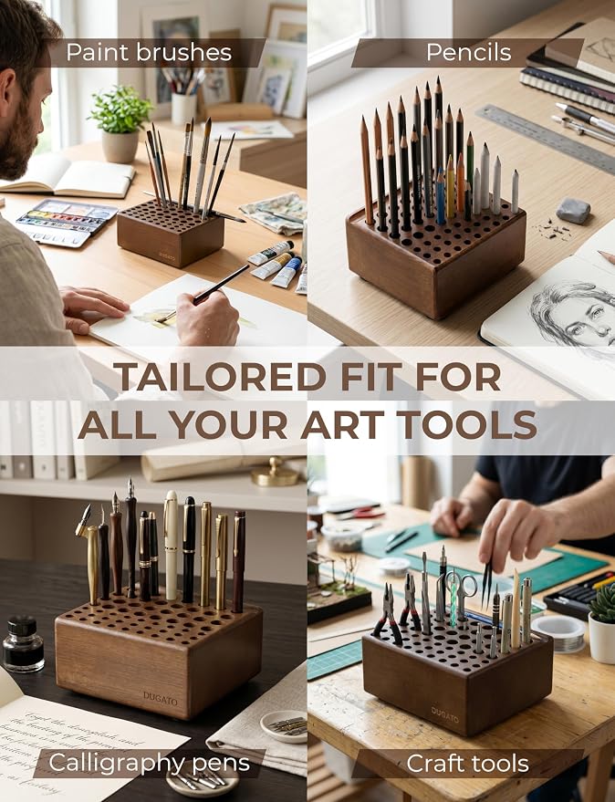 DUGATO Wooden Paint Brush Holder, 59 Hole Desk Organizer for Pencils, Pens & Art Supplies, Tabletop Brush Organizer Stand Holder with Built-In Rest Groove