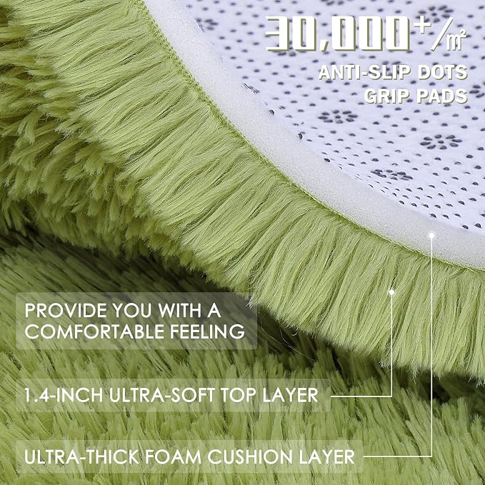 OLANLY 3x5 Machine Washable Small Bedside Rug, Soft Fluffy Shaggy Rugs for Living Room, Bedroom, Indoor Floor Carpet for Kids Girls and Boys, Preppy Dorms, Nursery, Home Decor Aesthetic, Grass Green