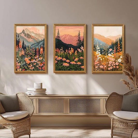 ICHZUMW Framed Boho Abstract Landscape Mountain and Floral Canvas Wall Art Set of 3, Colorful Nature Botanical Paintings Artwork, Large Wildflower Wall Decor for Living Room Bedroom Office, 20x30in
