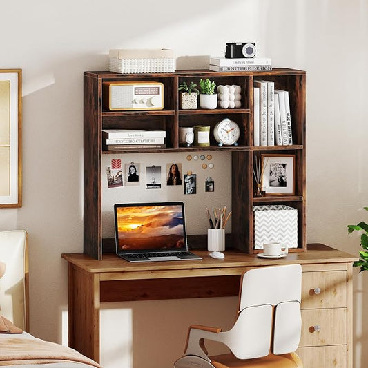 GOFLAME 7 Cubes Desktop Bookshelf, 37” Desk Organizer Shelf with 3 Adjustable Shelves, 3-Tier Wood Countertop Display Rack, Multipurpose Tabletop Desk Hutch for Dorm, Home Office, Rustic Brown
