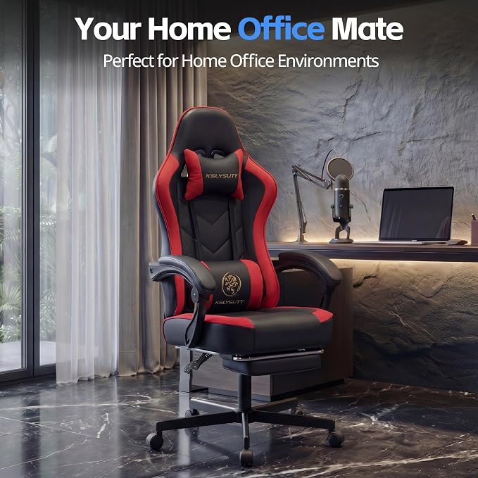 Desk Computer Gaming Chair - High Back Ergonomic Office Chair with Footrest and Lumbar Support, Swivel Comfy Home Gamer Video Game Chairs with Pocket Spring Cushion for Adults (Red Leather)