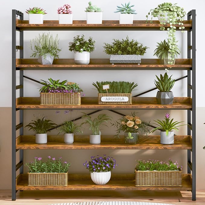 HCHQHS 5 Tier Bookshelf, Adjustable Industrial Bookcase, Vertical Tall Book Shelf, Wood and Black Metal Open Bookshelves for Home Office, Living Room, Bedroom