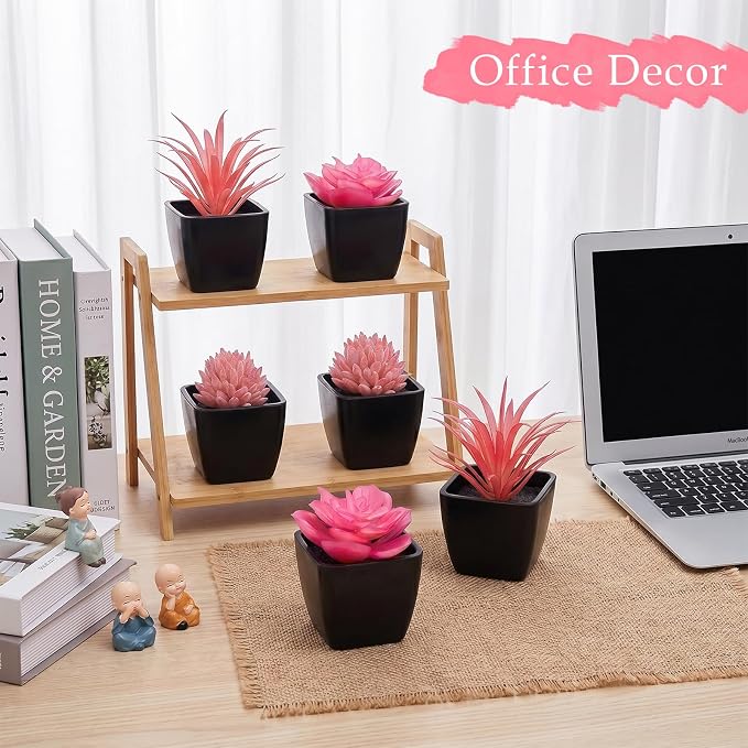 6 Pcs Pink Artificial Succulent Plants in Black Pots, Small Fake Succulents for Pink Room Decor Bathroom Decor Office Desk, Lifelike Faux Plants with Minimalist Modern Aesthetic