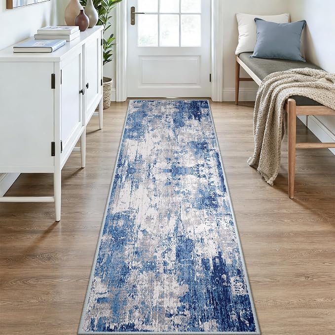 RELEANY Washable Area Rugs 3x12 Non-Slip Modern Abstract Soft for Living Room Entryway Bedroom Kitchen, Print Pattern, Blue Grey Navy Gray
