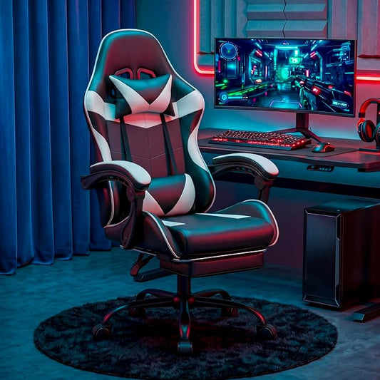 Gaming Chair, Ergonomic Computer Chair with Footrest and Lumbar Support, Height Adjustable Office Chair with 360° Swivel Seat and Headrest (Black & White)