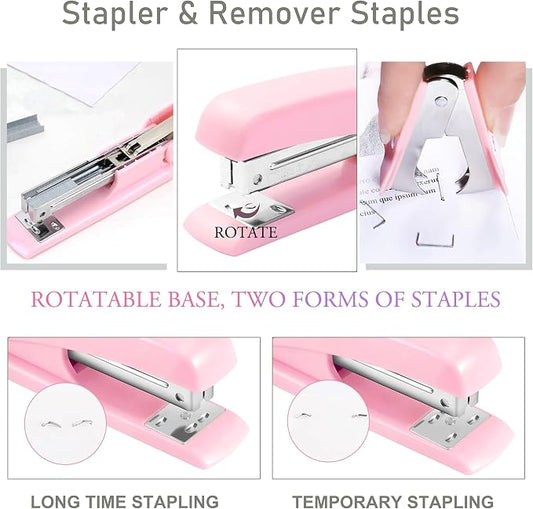 Pink Desk Accessories, Pink Office Supplies Accessories with Tape Dispenser, Stapler, Staple Remover, 1000 Staples, Tape, Clips Set, Ruler, Scissor, Pen