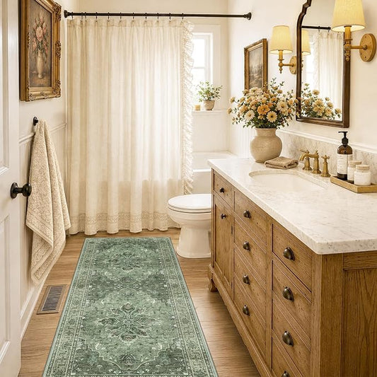 RELEANY Area Rugs Runner 2'x6' Washable Non-Slip, Floral Vintage Distress Medallion Carpet for Kitchen Hallway Bedroom Beside Laundry Room Bathroom, Dark Green Gray