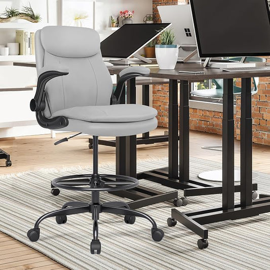 Misolant Leather Drafting Chair, Tall Office Chair for Standing Desk, High Executive Office Chair with Adjustable Height and Flip-up Armrest for Counter Height Desk