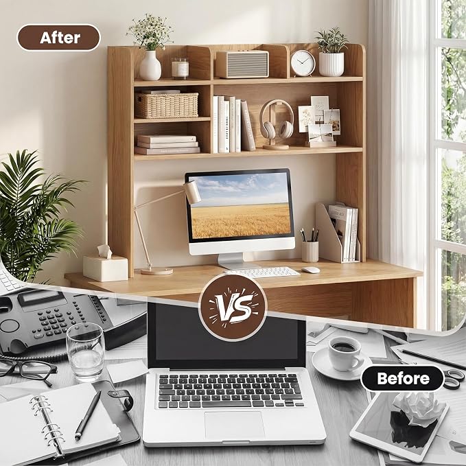 LDAILY 3-Tier Desktop Bookshelf, Wooden Desk Hutch for Computer Monitor Up to 32 Inch, Desk Organizer Shelf with Adjustable Shelf & 6 Storage Shelves, Desk Display Rack for Home Office Dorm (Natural)