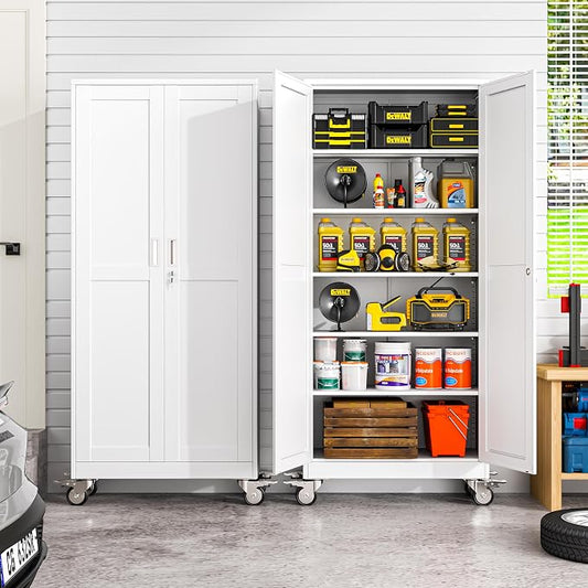 winiowa 75" Tall Metal Garage Storage Cabinet with Wheels, Steel Locking Rolling Tool Cabinet with 5 Adjustable Shelves for Garage,Home,Office (White)