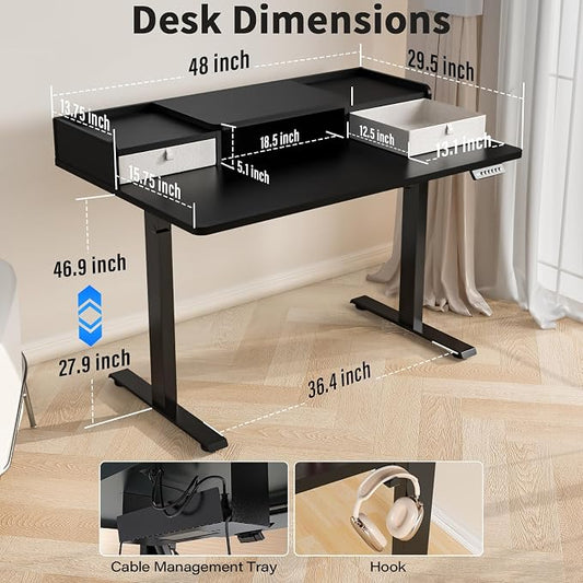 Kingant 48 x 30 Inch Electric Standing Desk with Dual Drawers, Adjustable Height Computer Desk for Home Office, Large Workstation Sit Stand Up Desk with Built-in Storage Shelf, Black