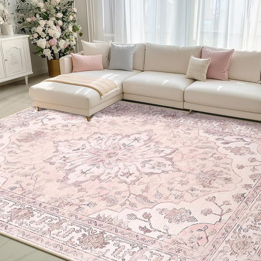 RELEANY Area Rugs 8'x10' Washable Non-Slip, Floral Vintage Distress Medallion Carpet for Living Room Bedroom Dining Room, Pink Greypink Cute