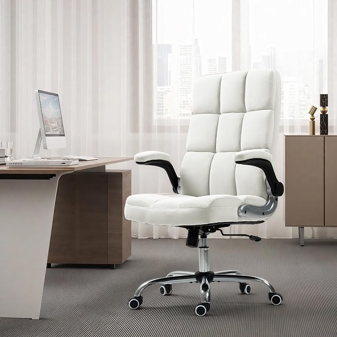 ECOTOUGE Executive Office Chair, Velvet Ergonomic Comfy Desk Chair, High Back Computer Chair with Adjustable Tilt Angle and Flip-up Arms, Beige, Without Footrest