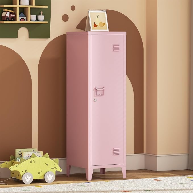 Locker Cabinet, 50" Pink Small Metal Locker Storage Cabinet for Employees with Locking Door and 2 Shelves Kids Locker Tool File Cabinets for Bedroom, Home Office, Garage, Bathroom