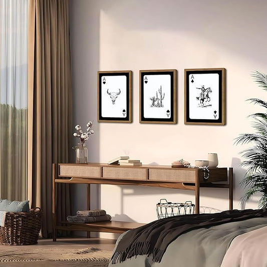 Western Cowboy Wall Art Set of 3 Cowboy Print Playing Card Inspired Southwestern Canvas Poster Trendy Western Wall Decor Longhorn Bull Skull Room Decor for Bedroom Living Room Framed 16x24 inch