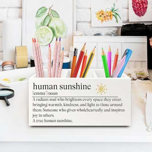 Human Sunshine Gifts Pen Pencil Holder Organizer for Desk, Thank You Appreciation Gifts for Teacher Coworker Women Men, Inspirational Wooden Box Sign for Home Office Desk Tabletop Decorations