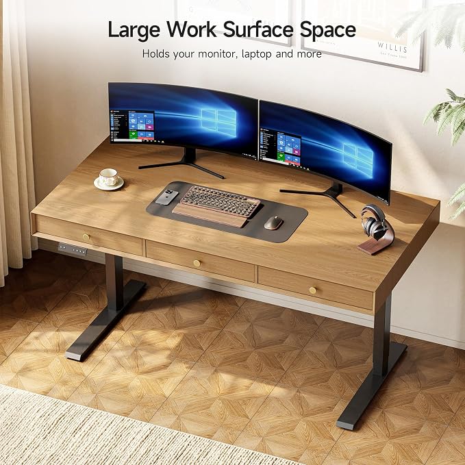 Electric Standing Desk with 3 Drawers, 55 x 24 Inch Height Adjustable Stand up Desk with Storage and Widened Legs, Retro Home Office Desks with Memory Controller for Computer Workstation, Oak Brown