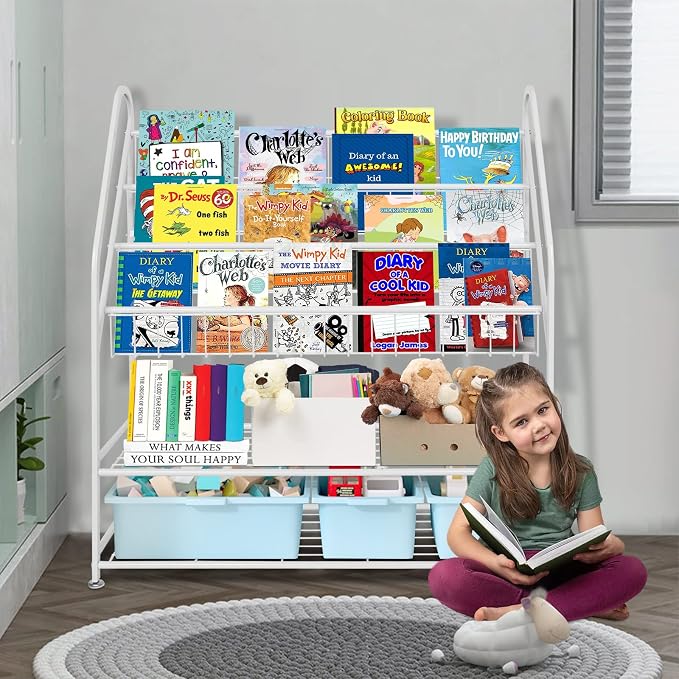 aboxoo Metal Kids Bookshelf Freestanding Bookcase for Children Room 32 in Large Toy Organizer Modern MinimalistWhite Stable Metel Bookstore Bedroom, Living, Library Book Unit Storage