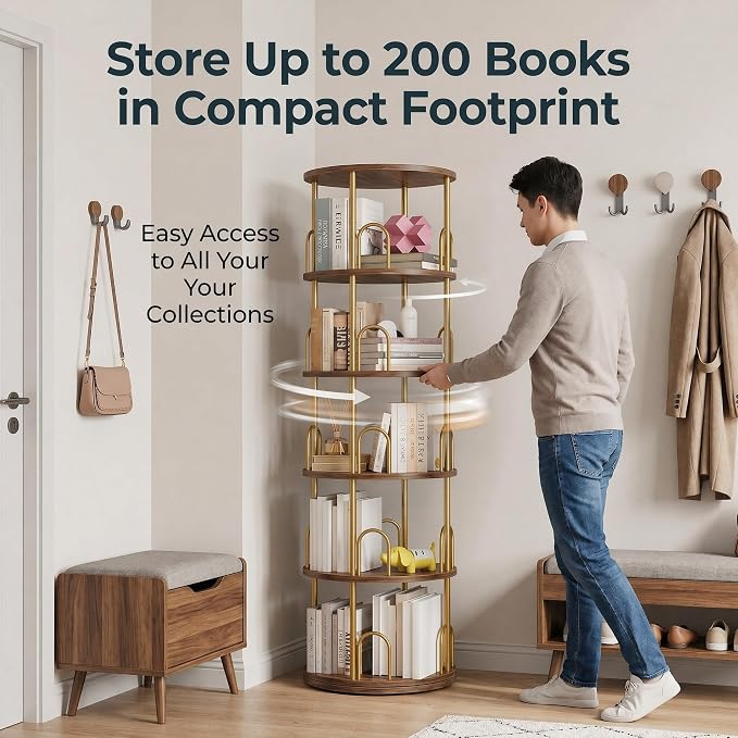5-Tier Rotating Bookshelf, 360° Round Spinning Book Shelf Tower, Tall Skinny Wood & Metal Bookshelf for Corner/Office/Home, Modern Industrial Vintage Style