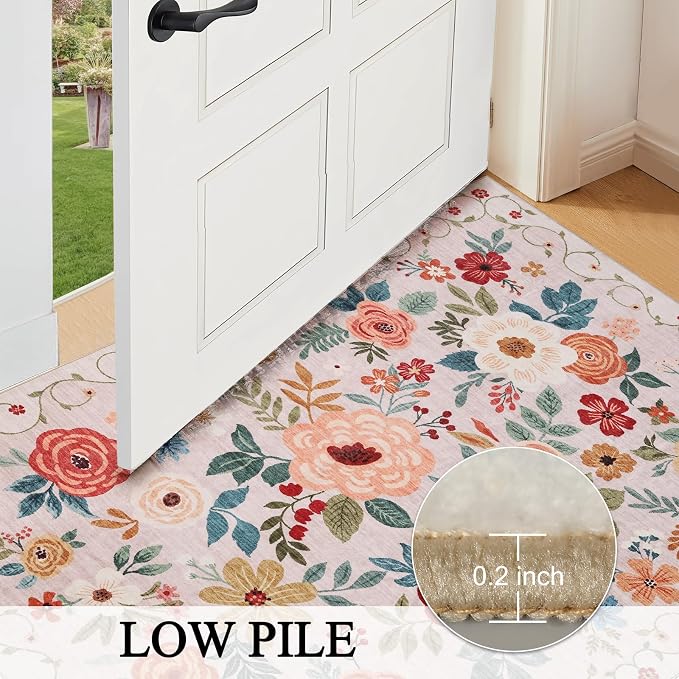 DUKINO 2.6x12 Kitchen Runner Rug, Lightweight Floral Washable Rug for Hallway, Boho Low Pile & Non Slip Backing Soft Floor Carpet for Entryway, Bedroom, Bathroom, Laundry, Beige