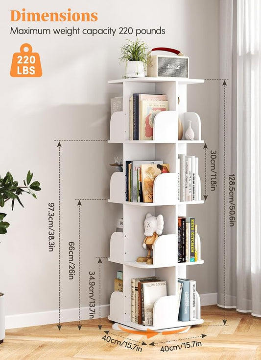 Turosur Rotating Bookshelf Tower, 4 Tier Spinning Square Bookshelf for Small Spaces, 360 Display Kids Bookshelves, Revolving Bookcase Floor Standing Storage Rack, White