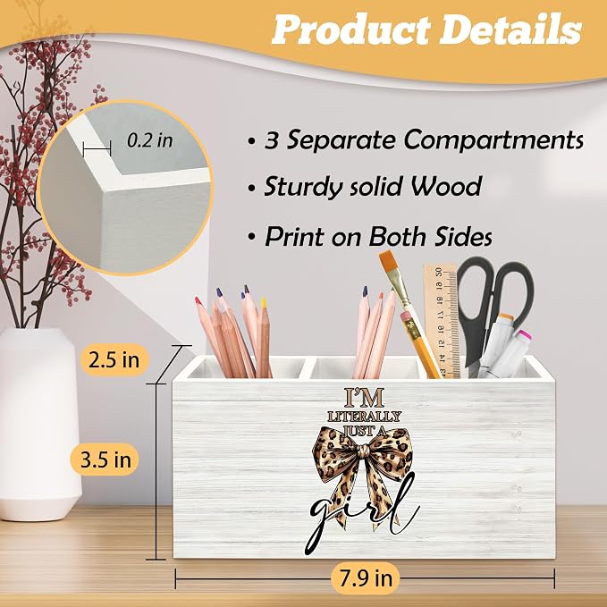 Preppy Coquette Leopard Bow Pen Holder Organizer for Desk Accessories, I'm Literally Just a Girl Wooden Box Sign Desk Decorations for Girls Room Bedroom Decor, Leopard Cheetah Gifts for Women