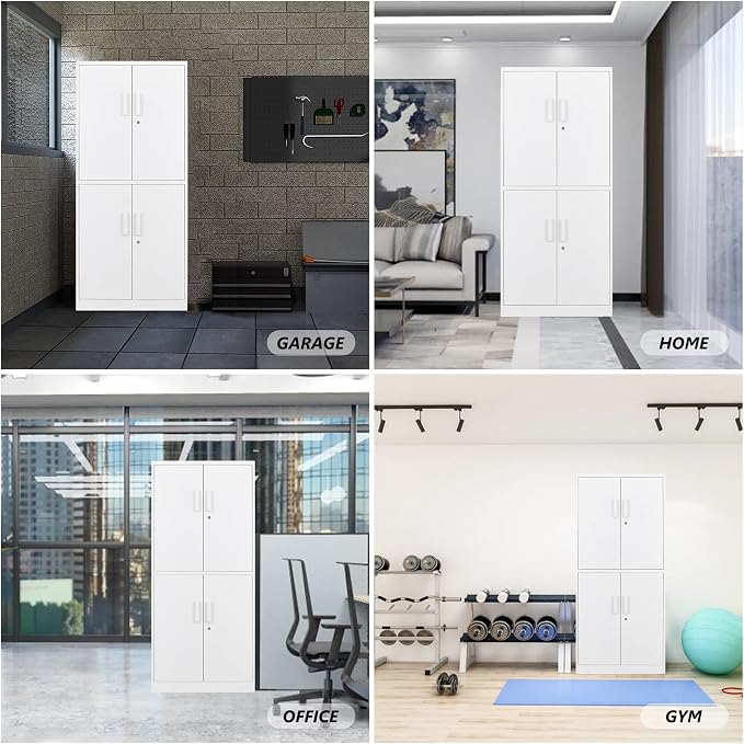 STANI Metal Storage Cabinet, Locking Steel Cabinet With 4 Doors and 2 Adjustable Shelves, 71" Lockable File Cabinet for Home Office, Garage, School (White)