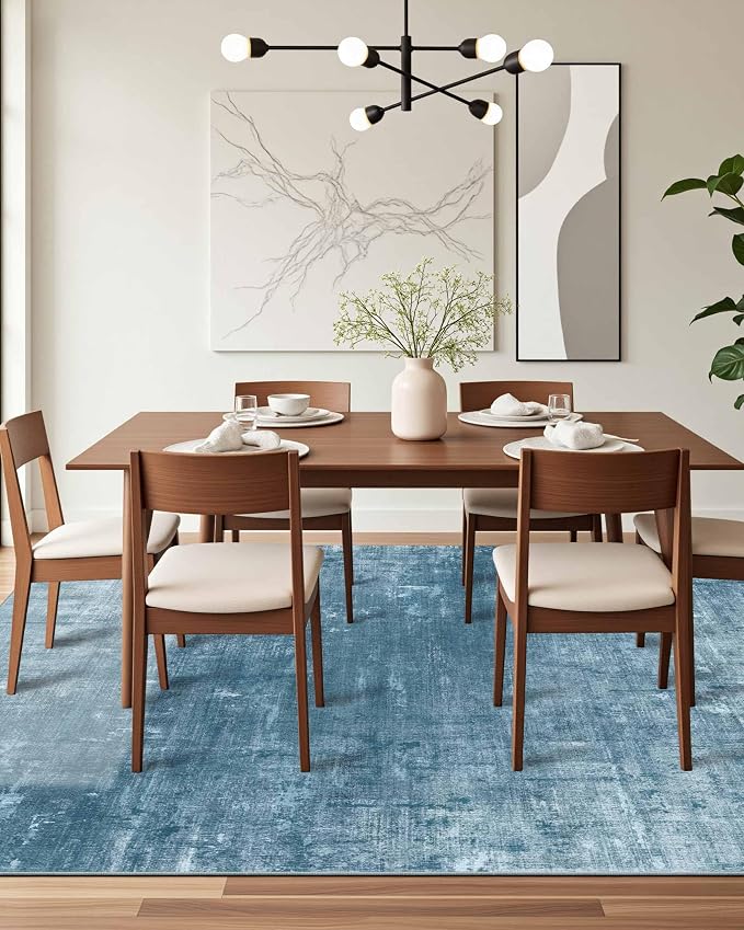Latte&Fog 9x12 Area Rug for Living Room, Extra Large Blue Modern Abstract Washable Rugs, Boho Non Slip Low Pile Carpet for Indoor Bedroom Dining Room, Office, Dorm, Classroom and Farmhouse - Blue
