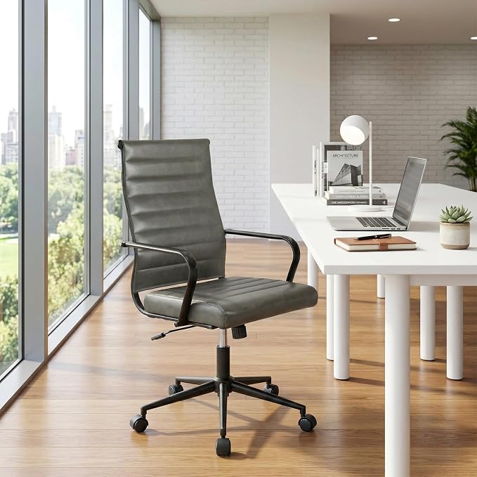 Okeysen Genuine Leather Office Desk Chair, Mid-Century Modern Real Leather Conference Room Chairs, Ergonomic Executive Ribbed Height Adjustable Swivel Rolling Chair for Home Office.