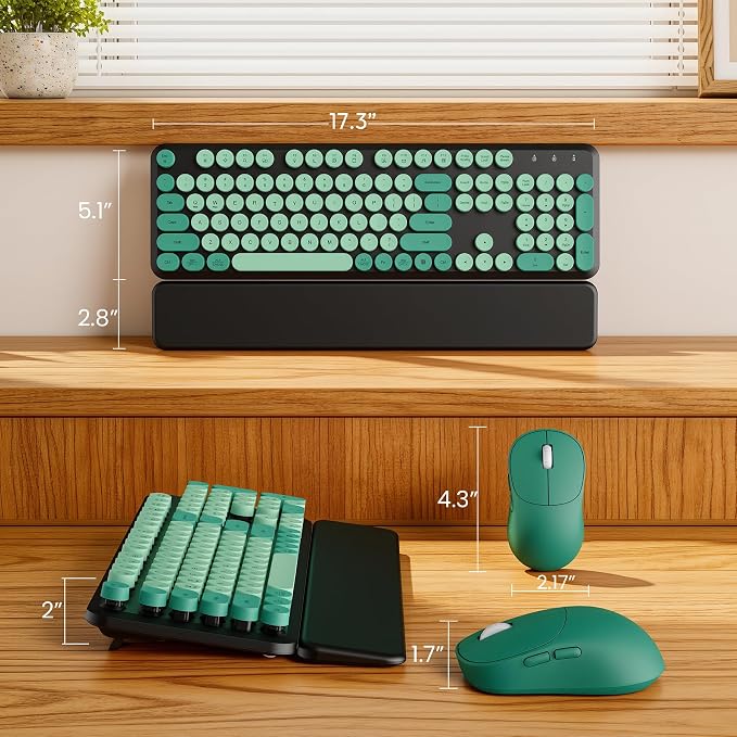 Wireless Keyboard and Mouse Combo - Cute Typewriter Keyboard with Detachable Wrist Rest, Retro Round Keycaps, Foldable Legs, 2.4GHz Keyboards for PC Laptop, Mac, Windows - Trueque (Black and Green)