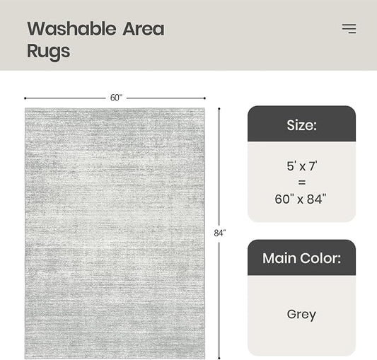Valenrug Washable Rug 5x7 - Stain Resistant 5x7 Area Rugs for Living Room, Non Slip Backing Printed Rugs for Bedroom, Folable Machine Washable Area Rug (5'x7', Grey)