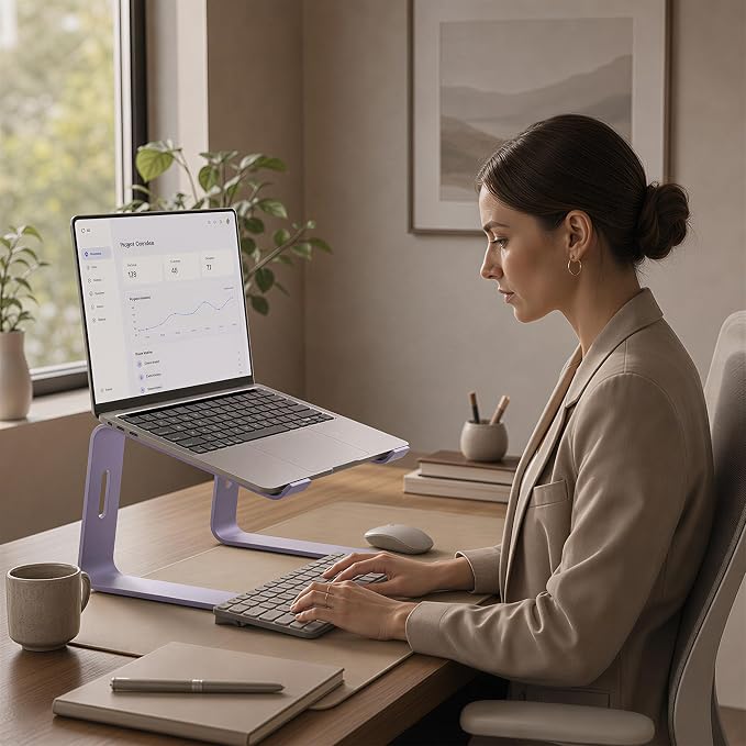 Orionstar Ergonomic Laptop Stand, Premium 5mm Aluminum Riser for 10-15.6 Inch Notebook Computer, Tool-Free Detachable Elevator Holder for Desk Office, Sturdy Riser for Eye-Level Neck Relief (Purple)