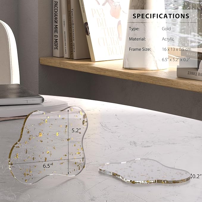 Acrylic 2Pcs/Set Coaster Decorative Plates,Gold Bar Drink Coaster, Clear Cloud Shape Coffee Cup Coaster, Perfect for Tabletop Protection and Accessories Display.(Gold)
