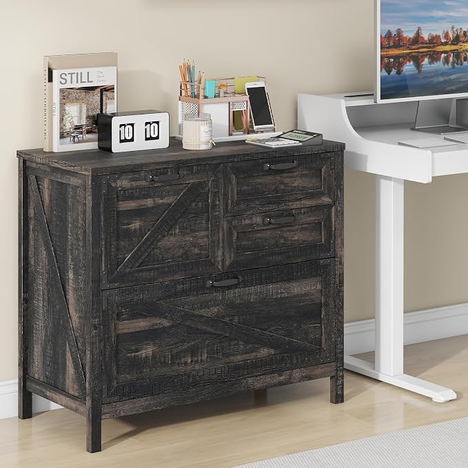 Halitaa Lateral File Cabinet with 4 Drawers Farmhouse File Cabinet for Letter/Legal/A4 Size Hanging Files, Large Wood File Storage Cabinets Printer Stand for Home Office Cabinet, Dark Rustic Oak
