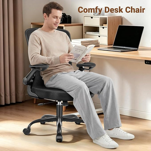 BESTFAIR Ergonomic Office Chair, Mesh Computer Desk Chairs with Lumbar Support, Swivel Desk Chair with Flip-up Arms and Adjustable Height, Black, 10-Pack