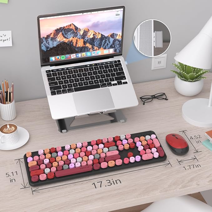 UBOTIE Colorful Wireless Keyboard and Mouse Combos, Retro Typewriter Floating Flexible Full-Sized Keys Computer Keyboard with Optical Mouse, 2.4GHz USB-A Connection for Windows Mac (Black-Colorful)
