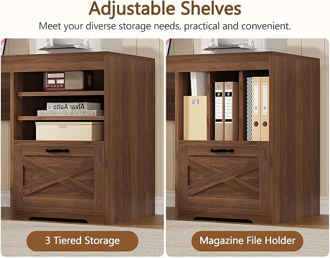 YOMILUVE 63" L Shaped Desk with Drawers, Farmhouse Corner Computer Desk with Power Outlets, Storage Cabinet, Home Office Executive Desk with Long Monitor Stand, Brown