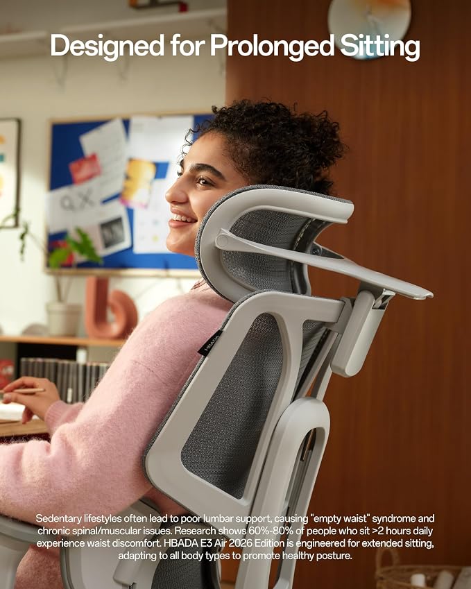 Hbada E3 Air 2026 Ergonomic Office Chair, 3-Zone Lumbar Support, Comfy Home Office Chair with Auto Recline, 4D Headrest & Armrests, 140° Tilt for Work & Relax, Grey with Footrest