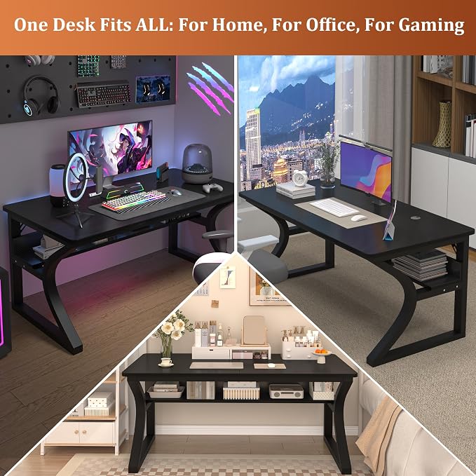55 inch Computer Desk, Home Office Desk with Storage Shelf, Sturdy U-Shaped Metal Frame Study Table with Cable Management, Gaming Desk for Office & Bedroom (Carbon Fiber Black, 55inch)