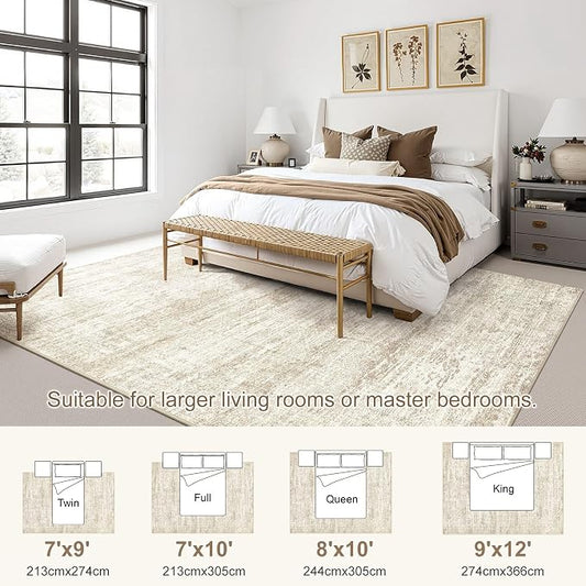 UERMEI 8x10 Area Rug Living Room Rugs - Washable Neutral Modern Abstract Soft Thin Rug Indoor Floor No Slip Rug Carpet for Bedroom Under Dining Table Home Office Decor - Beige/Brown
