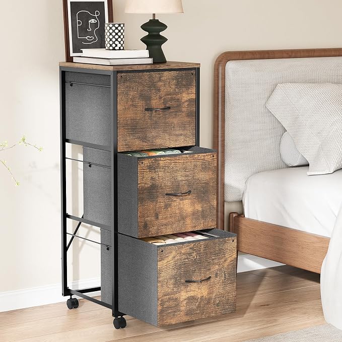 VINGLI 3 Drawer File Cabinet 34.8” Height, Rolling File Cabinet Mobile Tall File Cabinet with Wheels, Fabric Drawers Printer Stand for Home Office, Fits Letter Size, Rustic Brown