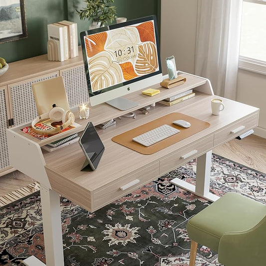CubiCubi Standing Desk 48x26 Inches with 3 Wood Drawers and Monitor Shelf, Ergonomic Rising Home Office Desks, Height Adjustable Computer Desk, Sit Stand Up Electric Workstation Table, Pale Walnut