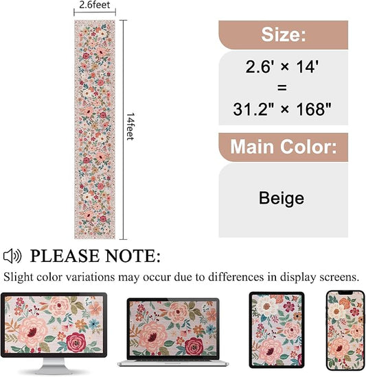 DUKINO 2.6x14 Kitchen Runner Rug, Lightweight Floral Washable Rug for Hallway, Boho Low Pile & Non Slip Backing Soft Floor Carpet for Entryway, Bedroom, Bathroom, Laundry, Beige