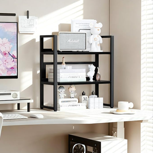 Brakki Desk Shelf Organizer, Adjustable 2 Tier Metal Desktop Shelves, Desktop Bookshelf Organization with Foot Mat, Multi-Functional Small Storage Rack for Office Dorm Home, Black