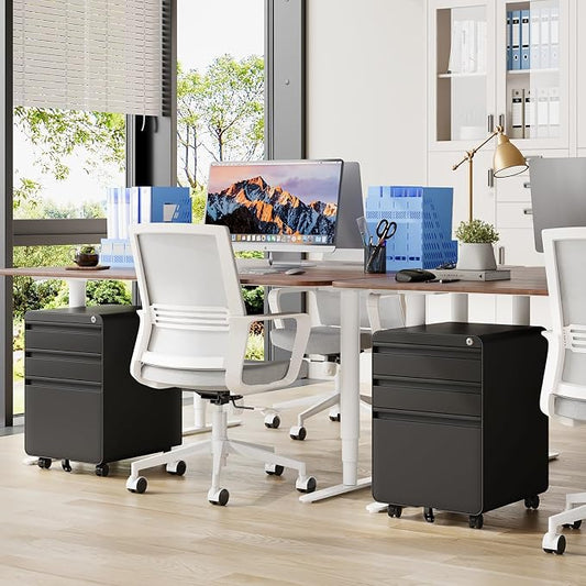 Dripex 3 Drawer Black File Cabinet, Mobile Under Desk Storage File Cabinet with Lock on Wheels, Letter/Legal Size,Fully Assembled, Small Short Vertical Metal Rolling Filing Cabinets for Home Office