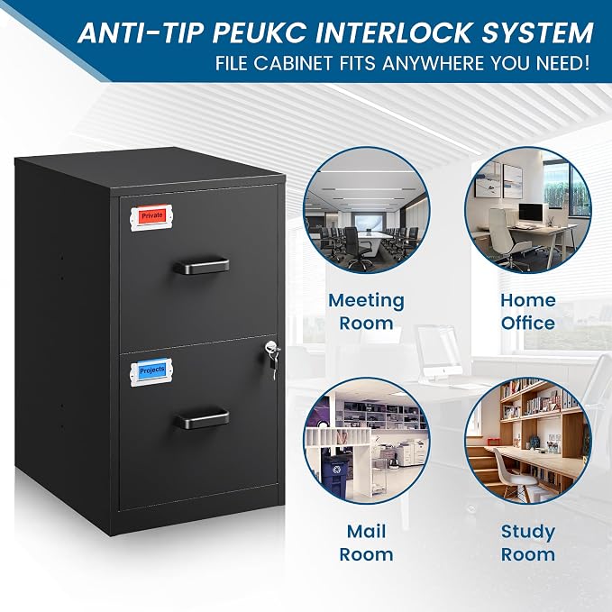 PEUKC 2 Drawer File Cabinet with Lock, 25.4" High Vertical Filing Cabinet, 17.7" Deep Metal Storage Cabinets for Home Office, Letter/Legal/A4/F4 Size, Black(Assemble Required)