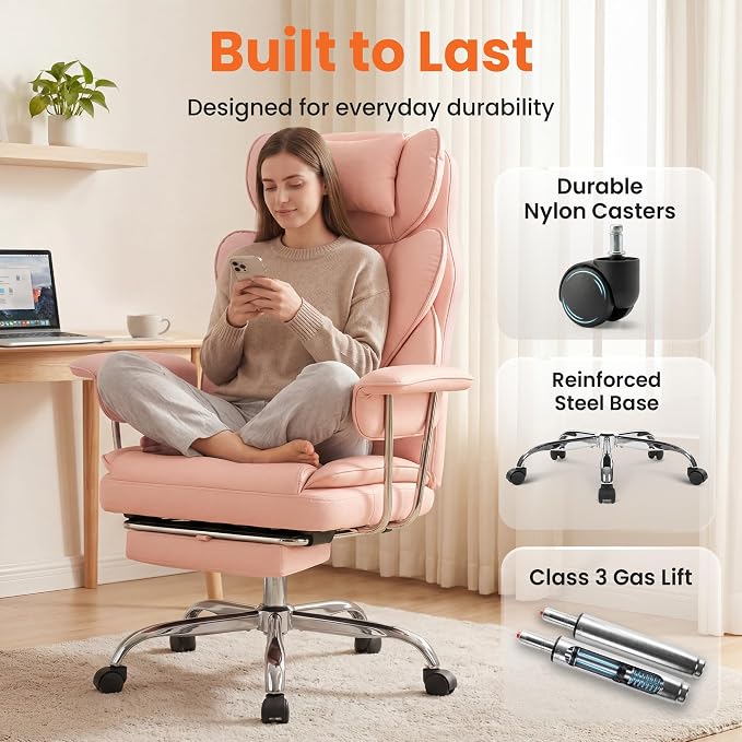 NEO CHAIR Big and Tall Office Chair Gaming Computer Chair High Back Heavy Duty Desk Chai with Lumbar Support Adjustable Recliner Footrest Wide Seat Leather Executive Home with Wheels (Leather Pink)