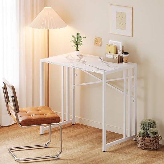 Lutown-Teen 35 inch Folding Small Desk, Writing Gaming Computer Camping Desk for Small Spaces, No Assembly Required Home Office Table, White Marble